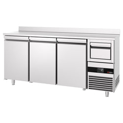 Stół chłodniczy barowy do napojów PREMIUM - 2130x600 mm - z 3 drzwiami, panelem tylnym & kołatką do kawy