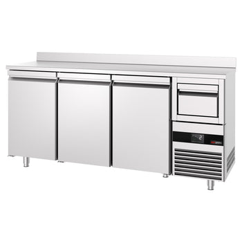 Stół chłodniczy barowy do napojów PREMIUM - 2130x600 mm - z 3 drzwiami, panelem tylnym & kołatką do kawy - Prime Gastro