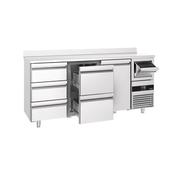 Stół chłodniczy barowy do napojów PREMIUM - 2130x600 mm - z 1 drzwiami, 5 szufladami, panelem tylnym & kołatką do kawy - Prime Gastro