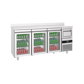Stół chłodniczy barowy do napojów PREMIUM - 2130x600 mm - z 3 szklanymi drzwiami, panelem tylnym & kołatką do kawy - Prime Gastro