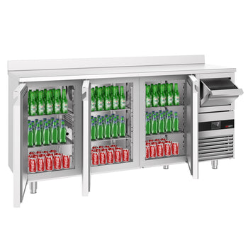 Stół chłodniczy barowy do napojów PREMIUM - 2130x600 mm - z 3 szklanymi drzwiami, panelem tylnym & kołatką do kawy - Prime Gastro