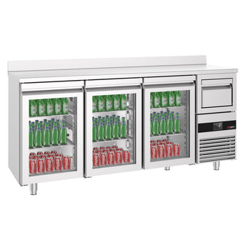 Stół chłodniczy barowy do napojów PREMIUM - 2130x600 mm - z 3 szklanymi drzwiami, panelem tylnym & kołatką do kawy - Prime Gastro