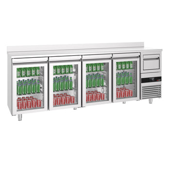 Stół chłodniczy barowy do napojów PREMIUM - 2690 x 600 mm - z 4 szklanymi drzwiami, panelem tylnym & kołatką do kawy - Prime Gastro