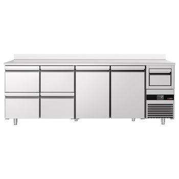 Stół chłodniczy barowy do napojów PREMIUM - 2690x600 mm - z 2 drzwiami, 4 szufladami, panelem tylnym & kołatką do kawy - Prime Gastro