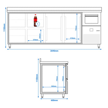 Stół chłodniczy barowy do napojów PREMIUM - 2690x600 mm - z 2 drzwiami, 4 szufladami, panelem tylnym & kołatką do kawy - Prime Gastro