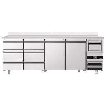 Stół chłodniczy barowy do napojów PREMIUM - 2690x600 mm - z 2 drzwiami, 6 szufladami, panelem tylnym & kołatką do kawy - Prime Gastro