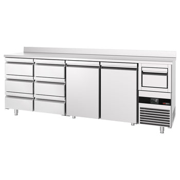 Stół chłodniczy barowy do napojów PREMIUM - 2690x600 mm - z 2 drzwiami, 6 szufladami, panelem tylnym & kołatką do kawy - Prime Gastro