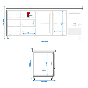 Stół chłodniczy barowy do napojów PREMIUM - 2690x600 mm - z 2 drzwiami, 6 szufladami, panelem tylnym & kołatką do kawy - Prime Gastro