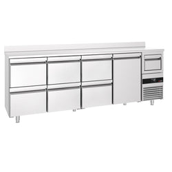 Stół chłodniczy barowy do napojów PREMIUM - 2690x600 mm - z 1 drzwiami, 6 szufladami, panelem tylnym & kołatką do kawy