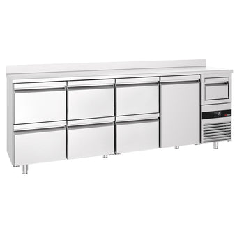 Stół chłodniczy barowy do napojów PREMIUM - 2690x600 mm - z 1 drzwiami, 6 szufladami, panelem tylnym & kołatką do kawy - Prime Gastro