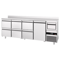 Stół chłodniczy barowy do napojów PREMIUM - 2690x600 mm - z 1 drzwiami, 6 szufladami, panelem tylnym & kołatką do kawy