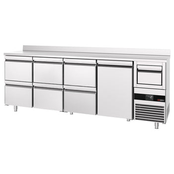 Stół chłodniczy barowy do napojów PREMIUM - 2690x600 mm - z 1 drzwiami, 6 szufladami, panelem tylnym & kołatką do kawy - Prime Gastro