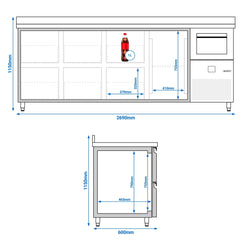 Stół chłodniczy barowy do napojów PREMIUM - 2690x600 mm - z 1 drzwiami, 6 szufladami, panelem tylnym & kołatką do kawy