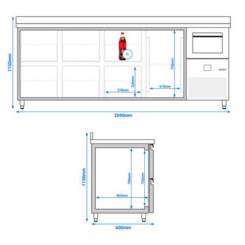 Stół chłodniczy barowy do napojów PREMIUM - 2690x600 mm - z 1 drzwiami, 6 szufladami, panelem tylnym & kołatką do kawy - Prime Gastro