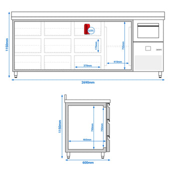 Stół chłodniczy barowy do napojów PREMIUM - 2690x600 mm - z 1 drzwiami, 9 szufladami, panelem tylnym & kołatką do kawy - Prime Gastro