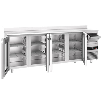 Stół chłodniczy barowy do napojów PREMIUM - 2690 x 600 mm - z 4 szklanymi drzwiami, panelem tylnym & kołatką do kawy - Prime Gastro