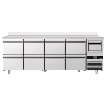 Stół chłodniczy barowy do napojów Premium- 2690 x 600 mm - z 8 szufladami 1/2, panelem tylnym i kołatką do kawy - Prime Gastro