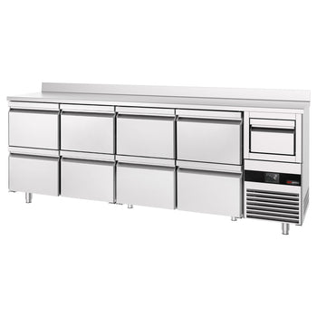 Stół chłodniczy barowy do napojów Premium- 2690 x 600 mm - z 8 szufladami 1/2, panelem tylnym i kołatką do kawy - Prime Gastro