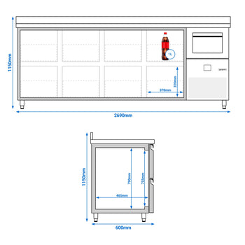 Stół chłodniczy barowy do napojów Premium- 2690 x 600 mm - z 8 szufladami 1/2, panelem tylnym i kołatką do kawy - Prime Gastro