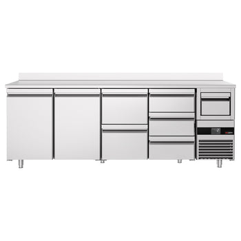 Stół chłodniczy barowy do napojów PREMIUM - 2690x600 mm - z 2 drzwiami, 5 szufladami, panelem tylnym & kołatką do kawy - Prime Gastro