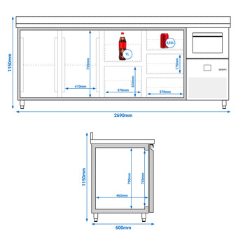 Stół chłodniczy barowy do napojów PREMIUM - 2690x600 mm - z 2 drzwiami, 5 szufladami, panelem tylnym & kołatką do kawy - Prime Gastro