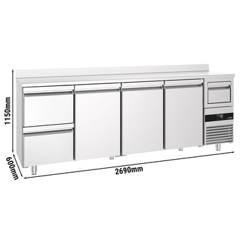 Stół chłodniczy barowy do napojów PREMIUM - 2690x600 mm - z 3 drzwiami, 2 szufladami, panelem tylnym & kołatką do kawy - Prime Gastro
