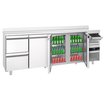 Stół chłodniczy barowy do napojów PREMIUM - 2690x600 mm - z 3 drzwiami, 2 szufladami, panelem tylnym & kołatką do kawy - Prime Gastro