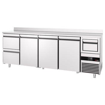 Stół chłodniczy barowy do napojów PREMIUM - 2690x600 mm - z 3 drzwiami, 2 szufladami, panelem tylnym & kołatką do kawy - Prime Gastro