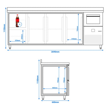 Stół chłodniczy barowy do napojów PREMIUM - 2690x600 mm - z 3 drzwiami, 2 szufladami, panelem tylnym & kołatką do kawy - Prime Gastro