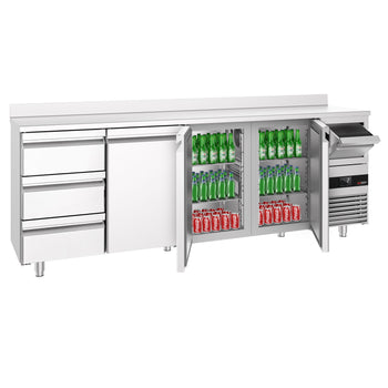 Stół chłodniczy barowy do napojów PREMIUM - 2690x600 mm - z 3 drzwiami, 3 szufladami, panelem tylnym & kołatką do kawy - Prime Gastro