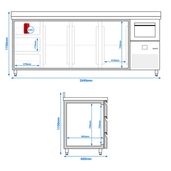Stół chłodniczy barowy do napojów PREMIUM - 2690x600 mm - z 3 drzwiami, 3 szufladami, panelem tylnym & kołatką do kawy - Prime Gastro