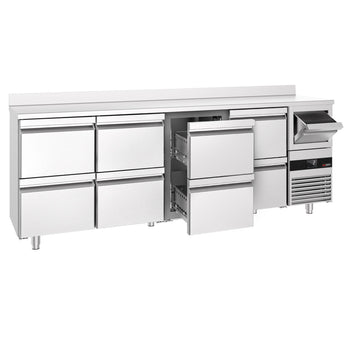 Stół barowy chłodniczy PREMIUM - 2690x600x1150mm - 775L - z 8 szufladami 1/2, blat z rantem, wybijak do kawy