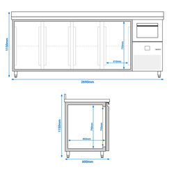 Stół chłodniczy barowy do napojów PREMIUM - 2690 x 600 mm - z 4 drzwiami, panelem tylnym i kołatką do kawy