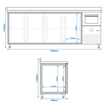 Stół chłodniczy barowy do napojów PREMIUM - 2690 x 600 mm - z 4 drzwiami, panelem tylnym i kołatką do kawy - Prime Gastro