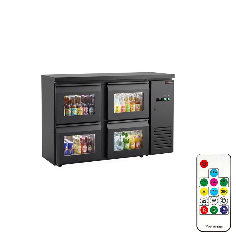 Stół chłodzący do baru i napojów ECO – 1460 mm – z 4 szklanymi szufladami i oświetleniem LED RGB