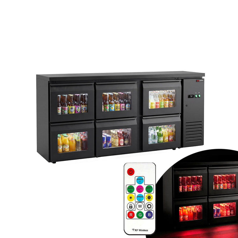 Stół chłodzący do baru i napojów ECO – 2000 mm – z 6 szklanymi szufladami i oświetleniem LED RGB