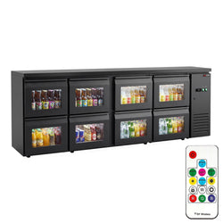 Stół chłodzący do baru i napojów ECO – 2540 mm – z 8 szklanymi szufladami i oświetleniem LED RGB