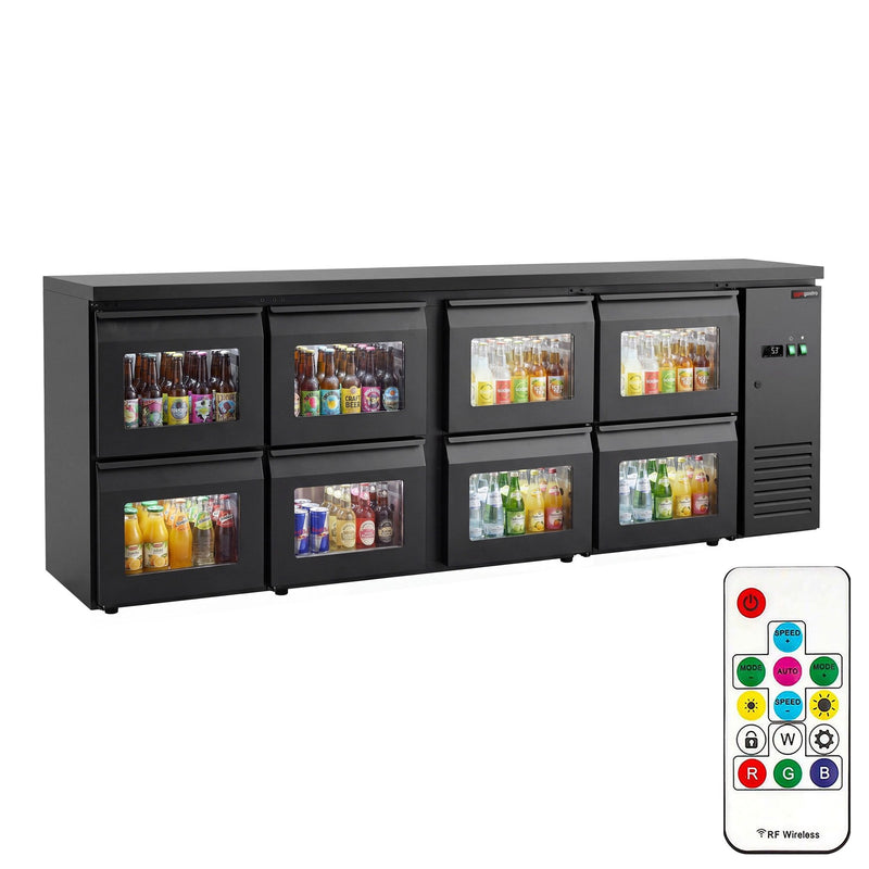 Stół chłodzący do baru i napojów ECO – 2540 mm – z 8 szklanymi szufladami i oświetleniem LED RGB