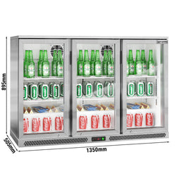Chłodziarka barowa - 1350 mm - 320 litrów - z 3 szklanymi drzwiami na zawiasach - stal nierdzewna