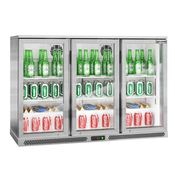 Chłodziarka barowa - 1330 mm - 320 litrów - z 3 szklanymi drzwiami na zawiasach - stal nierdzewna - Prime Gastro
