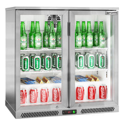 Chłodziarka barowa - 900 mm - 220 litrów - z 2 szklanymi drzwiami na zawiasach - stal nierdzewna