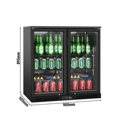 Chłodziarka barowa - 900 mm - 220 litrów - z 2 szklanymi drzwiami na zawiasach - zewnętrzna & wewnętrzna czarna
