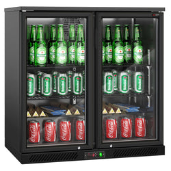 Chłodziarka barowa - 900 mm - 220 litrów - z 2 szklanymi drzwiami na zawiasach - zewnętrzna & wewnętrzna czarna