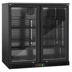 Chłodziarka barowa - 900 mm - 220 litrów - z 2 szklanymi drzwiami na zawiasach - zewnętrzna & wewnętrzna czarna