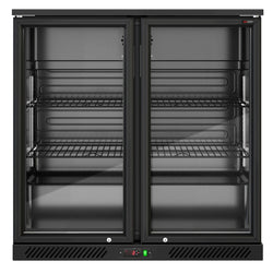 Chłodziarka barowa - 900 mm - 220 litrów - z 2 szklanymi drzwiami na zawiasach - zewnętrzna & wewnętrzna czarna
