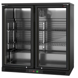Chłodziarka barowa - 900 mm - 220 litrów - z 2 szklanymi drzwiami na zawiasach - zewnętrzna & wewnętrzna czarna