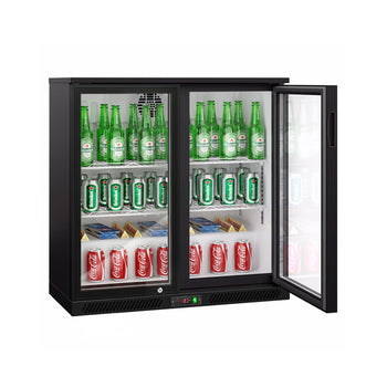 Chłodziarka barowa - 900 mm - 220 litrów - z 2 szklanymi drzwiami na zawiasach - czarna