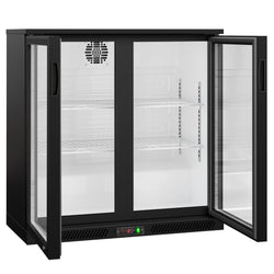 Chłodziarka barowa podblatowa na napoje - 900mm - 220L - z 2 przeszklonymi drzwiami na zawiasach - Czarna