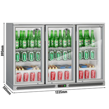 Chłodziarka barowa - 1330 mm - 320 litrów - z 3 szklanymi drzwiami na zawiasach - Szara - Prime Gastro