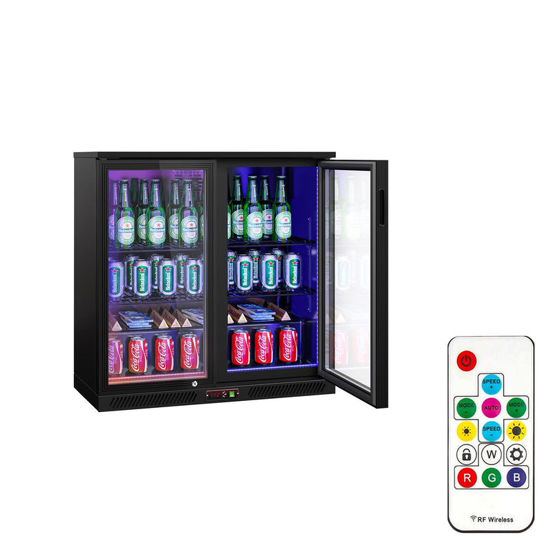 Chłodziarka barowa - 900 mm - 220 litrów - z oświetleniem LED & 2 drzwiami na zawiasach - zewnętrzna & wewnętrzna czarna